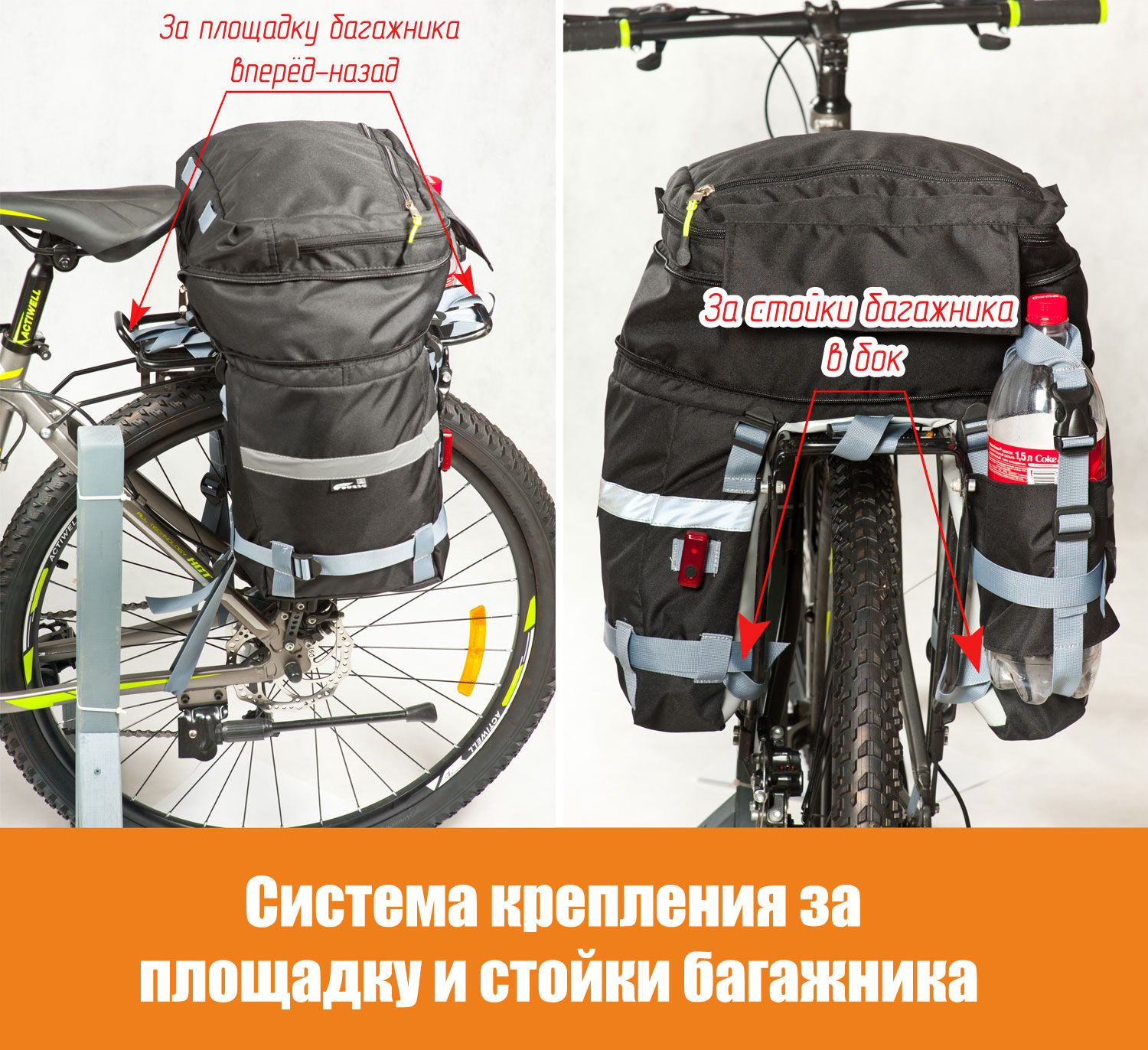 Как велосипедный рюкзак (штаны) крепится за площадку и стойки багажника велосипеда