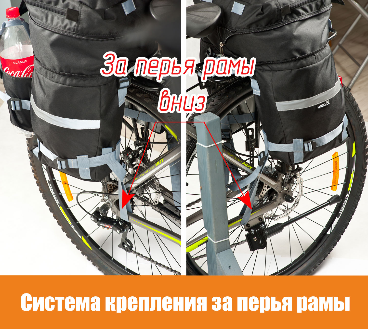 Как велосипедный рюкзак (штаны) крепится за перья рамы велосипеда