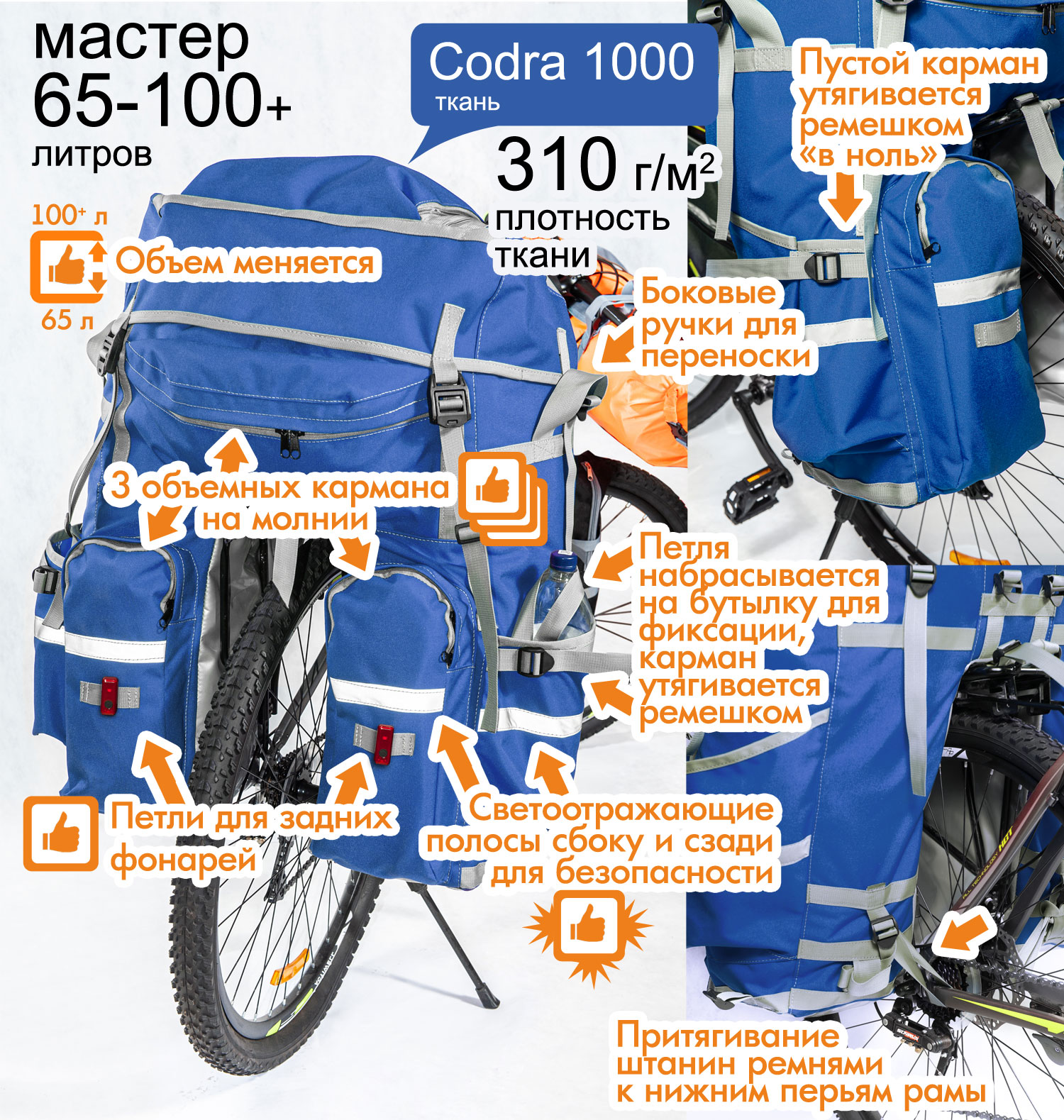Велорюкзак на багажник Course (велоштаны) 65-100+ литров серии «Мастер», особенности конструкции