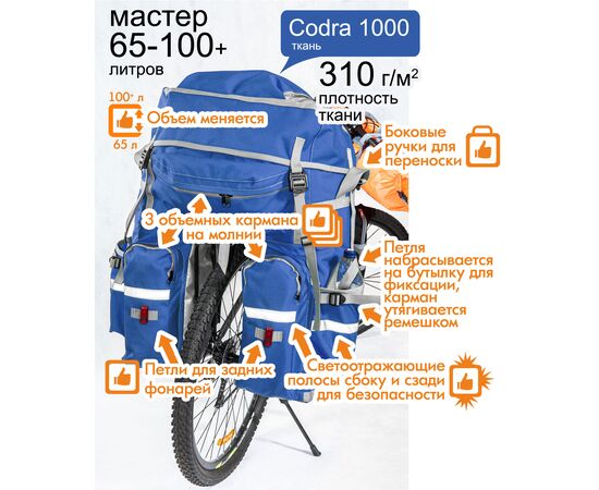 Велорюкзак COURSE на багажник (велоштаны) 65-100+ литров серии «Мастер», особенности конструкции