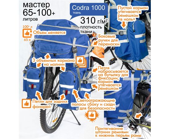 Велорюкзак COURSE на багажник (велоштаны) 65-100+ литров серии «Мастер», особенности конструкции